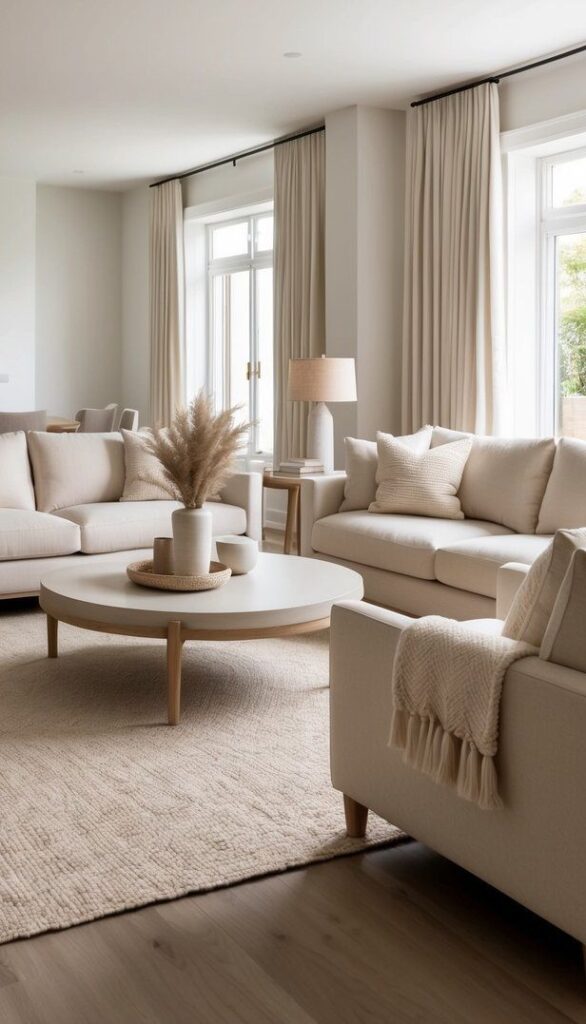 Modern living room with beige sofas, round coffee table, large windows, and elegant decor. Cozy neutral interior design.