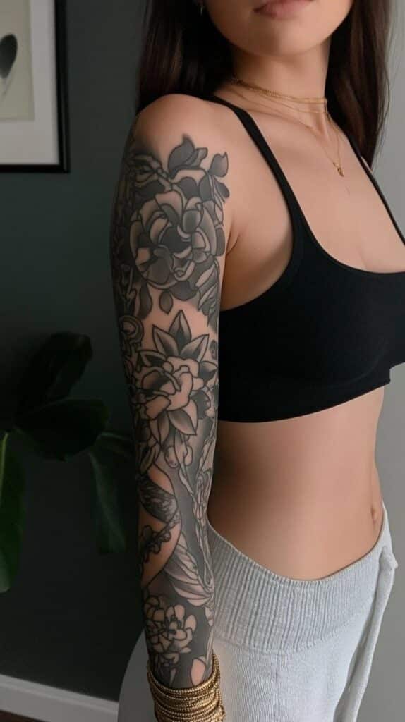 A woman with a detailed floral black ink sleeve tattoo, wearing a black top and gold bracelets, standing indoors.