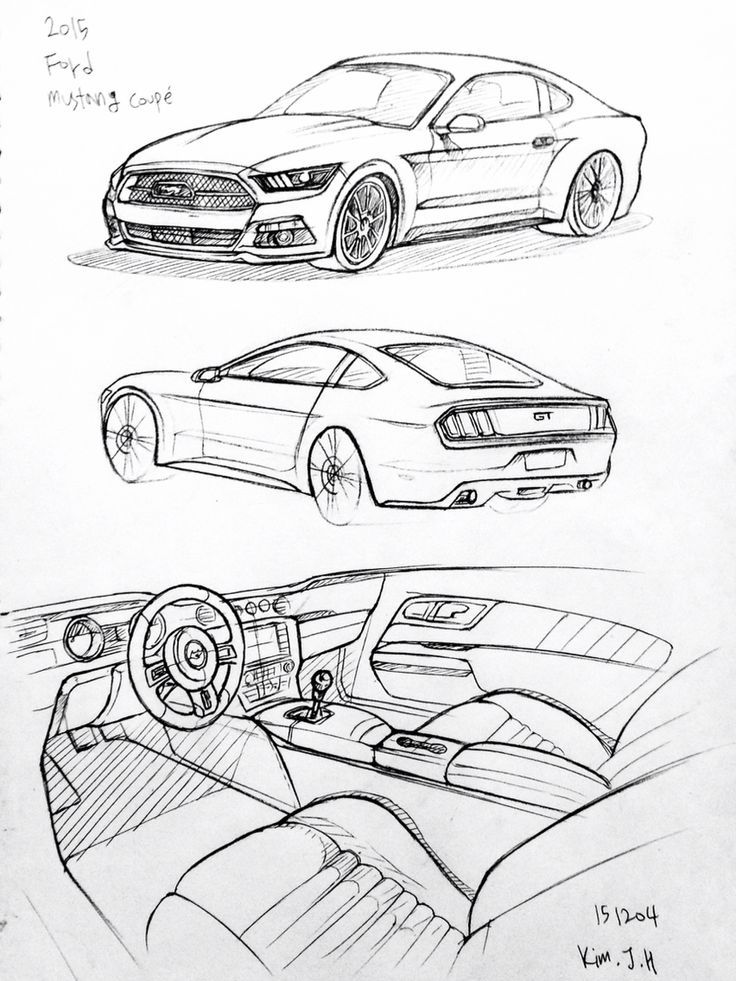 Sketch designs of a 2015 Ford Mustang Coupé, showing exterior views and interior dashboard details.