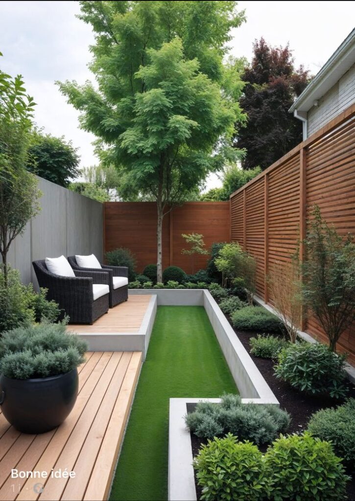 Modern garden design with wooden deck, wicker seating, lush greenery, and privacy fence. Relaxing outdoor retreat.