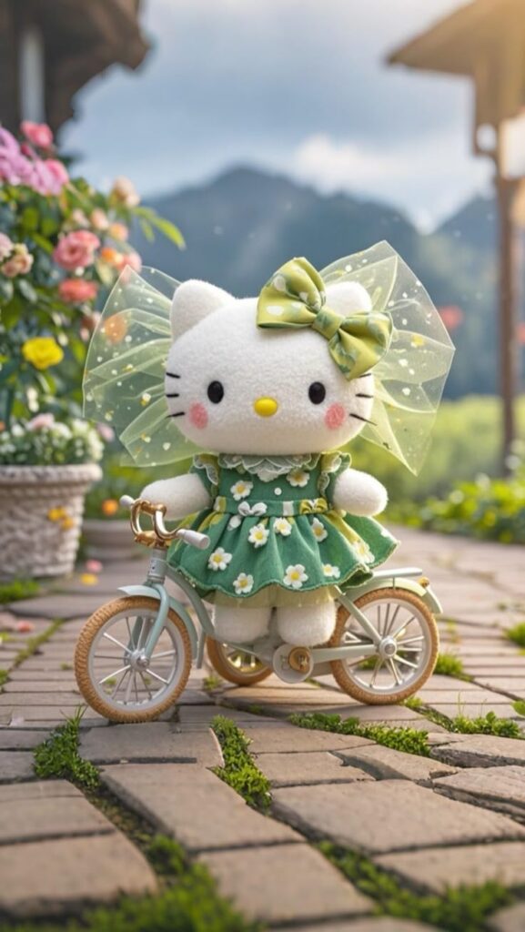 Cute plush cat in a green floral dress, riding a bike on a cobblestone path surrounded by flowers.