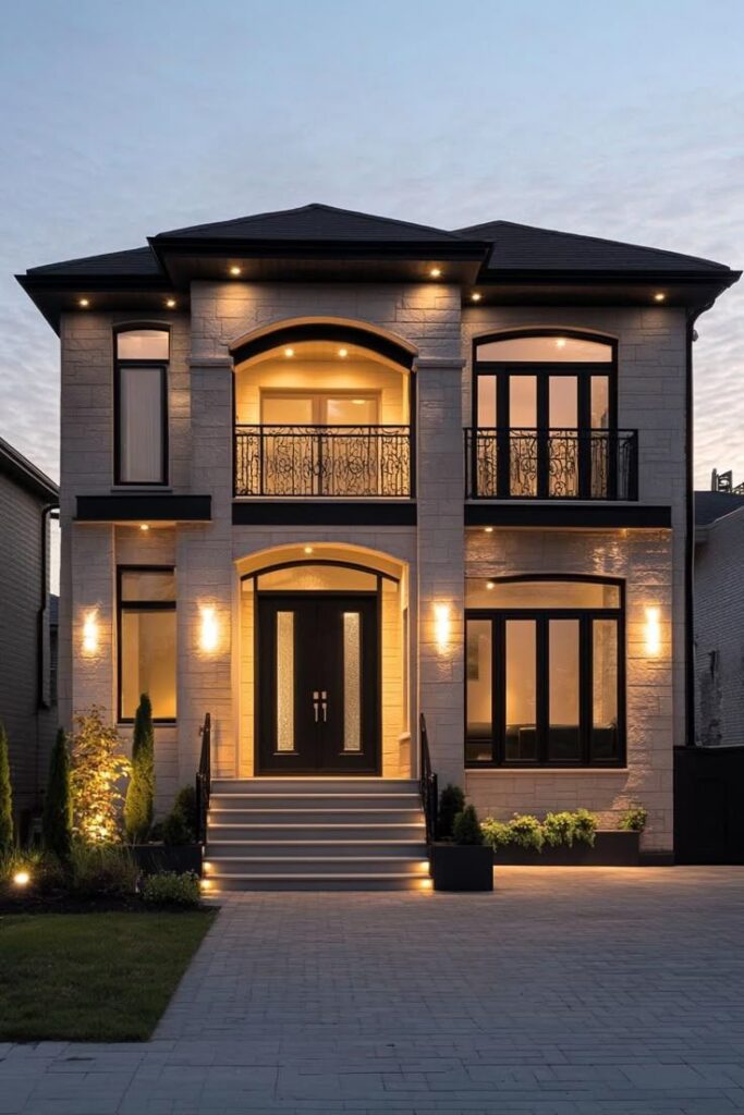 Modern two-story house with warm exterior lighting and elegant architecture at dusk.