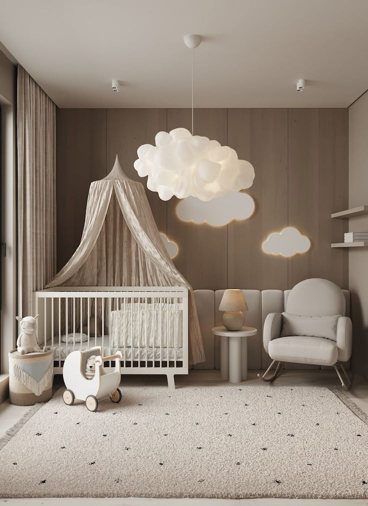 Modern nursery with cloud decor, white crib, plush chair, and cozy rug in a serene, neutral color palette.