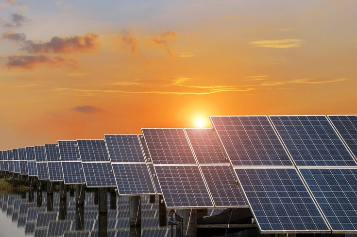 Solar panels in a field harnessing renewable energy at sunset. Sustainable power technology.