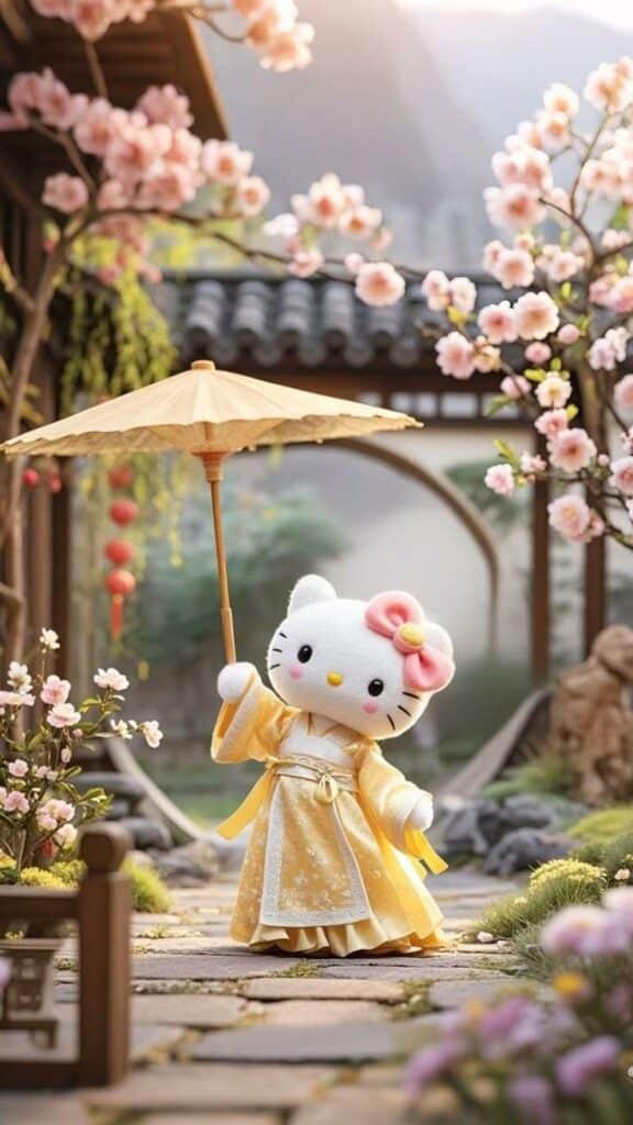 Hello Kitty in traditional Asian attire holding a parasol amidst cherry blossoms.