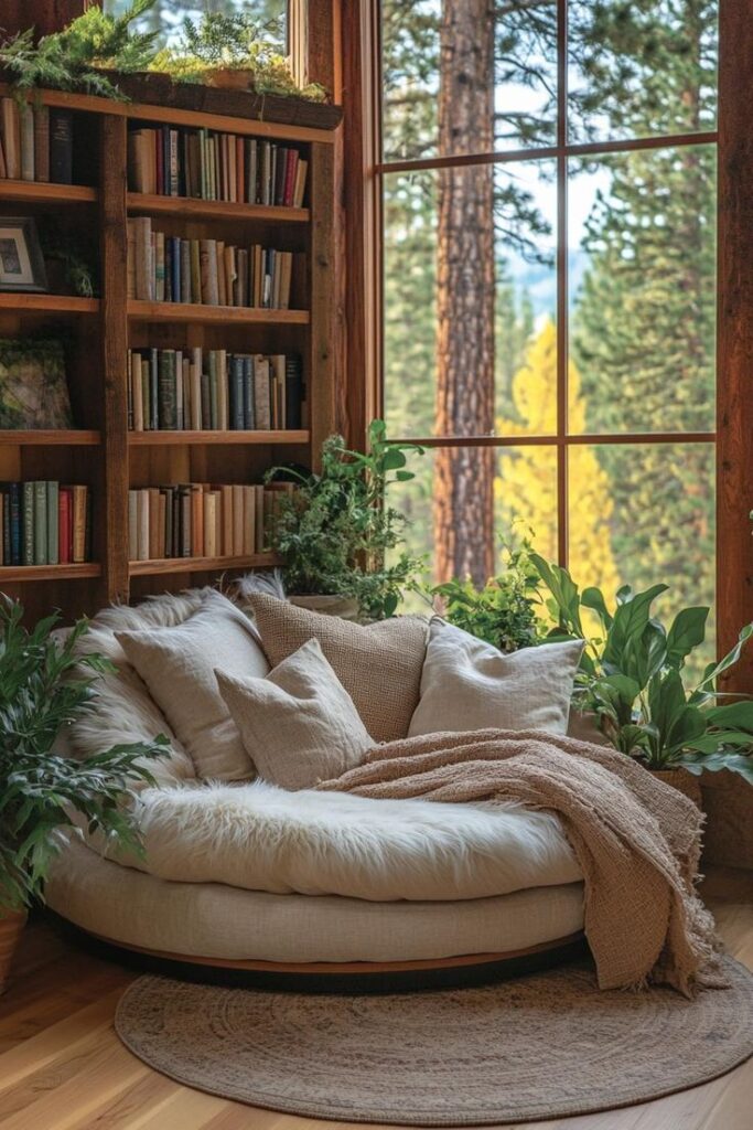 Cozy reading nook with a round chair, pillows, bookshelves, and forest view through large windows. Ideal for relaxation.