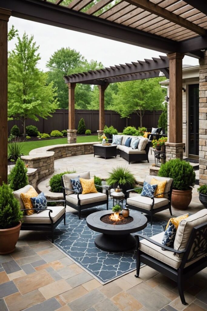 Luxurious patio with seating, fire pit, pergola, and garden view for relaxing and entertaining outdoors.