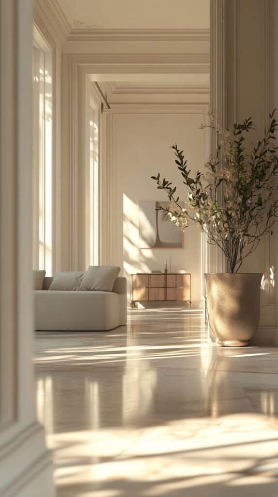 Elegant minimalist living space with neutral tones, large plant, sunlight streaming through windows, and a cozy sofa.