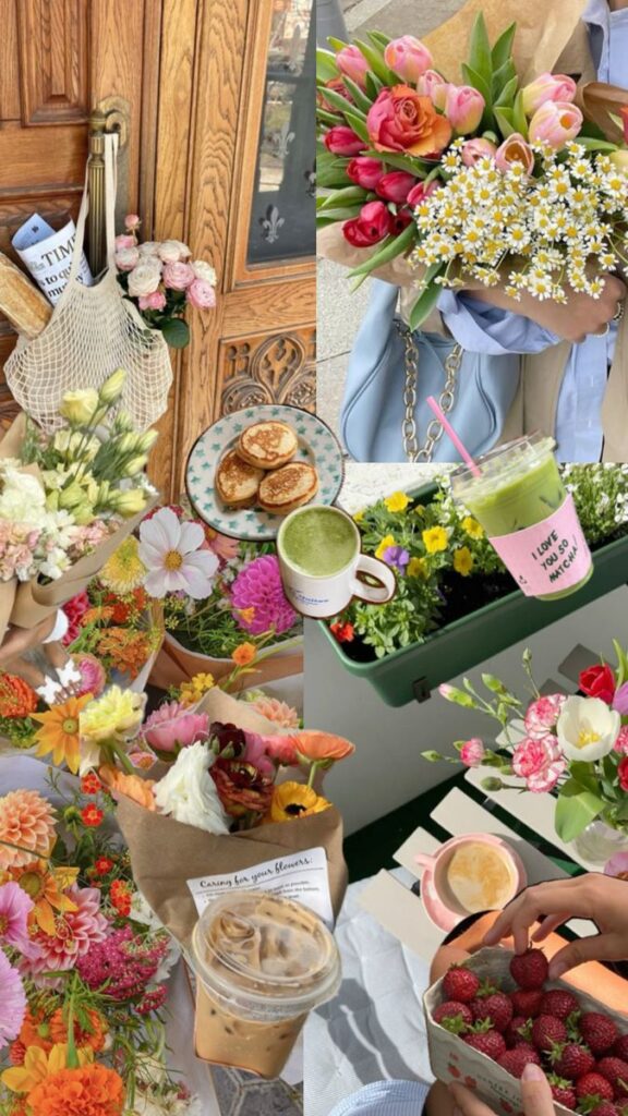 Colorful bouquets, pancakes, and drinks create a vibrant floral-themed brunch scene, perfect for springtime vibes.