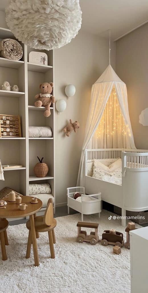 Cozy neutral baby nursery with crib, fairy lights, and toys. Warm decor for a serene infant room ambiance.