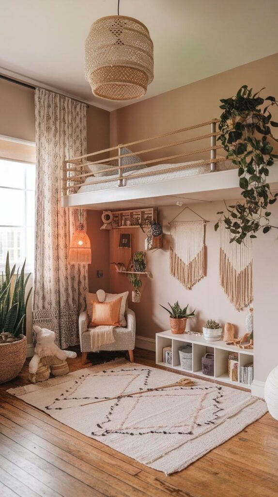 36+ Brilliant Playroom Bedroom Combos_ Space-Saving Solutions for Kids of Every Age - Doowrt_com Cozy boho loft bedroom with macramé decor, beige accents, plants, and natural lighting creating a warm ambiance. | Sky Rye Design Cozy boho loft bedroom with macramé decor, beige accents, plants, and natural lighting creating a warm ambiance.