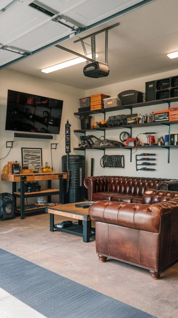 Stylish garage with leather couch, TV, tools, and shelves. Cozy space for work and relaxation.