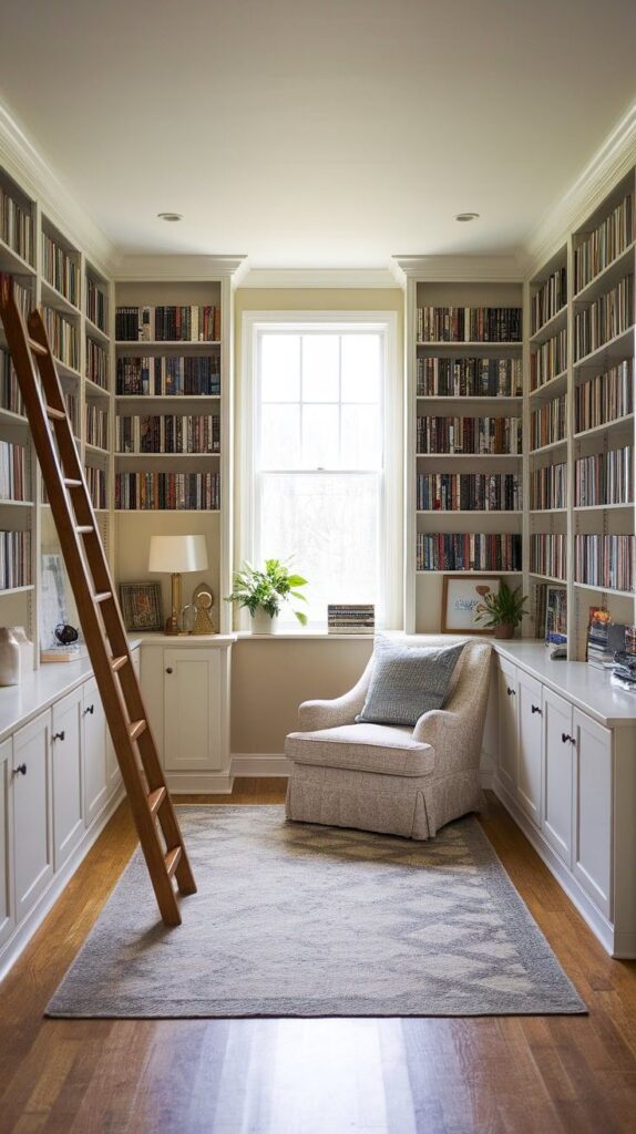 Cozy home library with bookshelves, plush chair, wooden ladder, and natural light from window. Perfect reading nook.