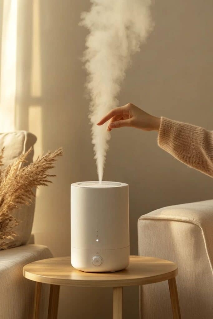 Modern humidifier releasing mist in cozy room with hand adjusting settings, promoting humidity and comfort.