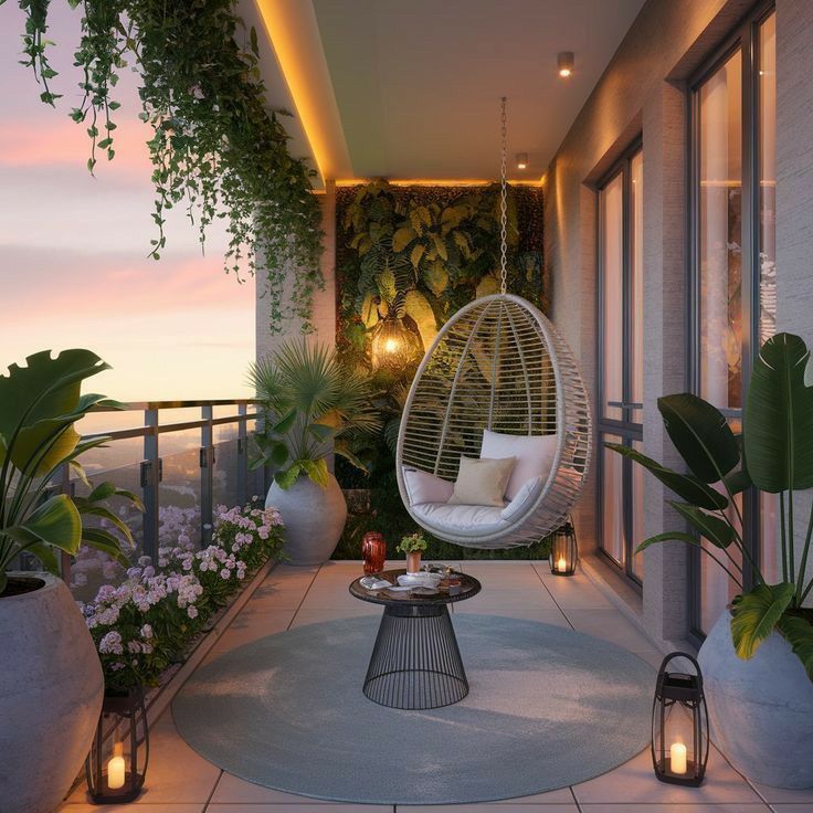 Cozy balcony with hanging chair, plants, and candles at sunset, ideal for relaxing and enjoying the view.