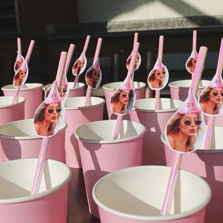 _ 37 Pink party cups with straws featuring a photo of a woman in sunglasses and hat, ideal for a 21st birthday celebration. | Sky Rye Design Pink party cups with straws featuring a photo of a woman in sunglasses and hat, ideal for a 21st birthday celebration.