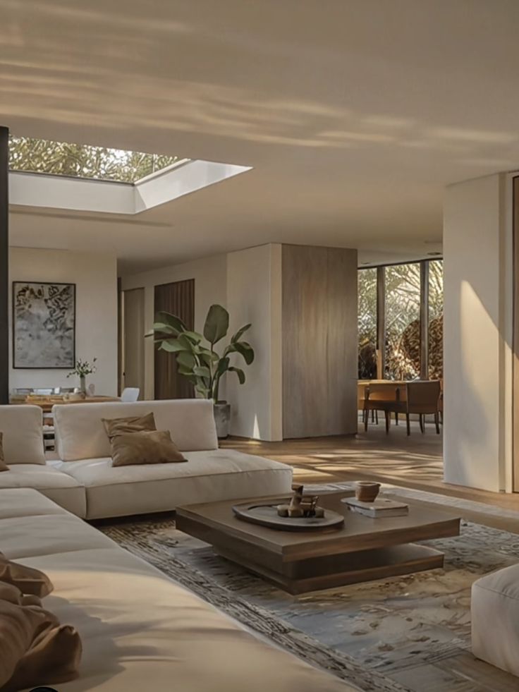 Modern living room with neutral tones, cozy sofa, a skylight, and indoor plants enhancing natural light and ambiance.