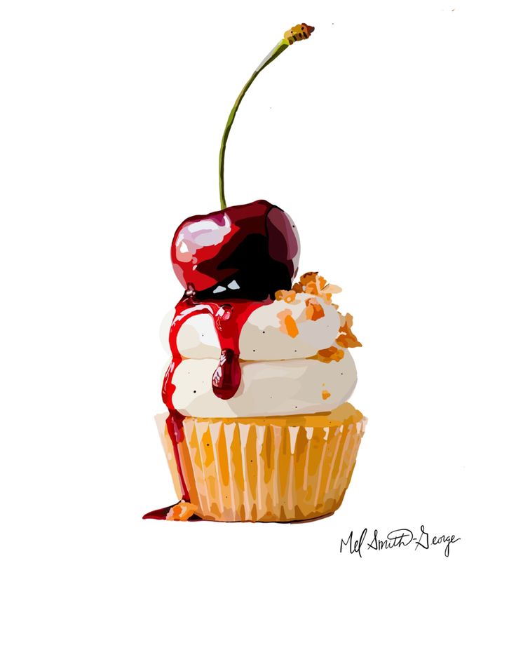 Illustrated cupcake with white frosting, cherry on top, and red drizzle. Perfect for dessert-themed designs.