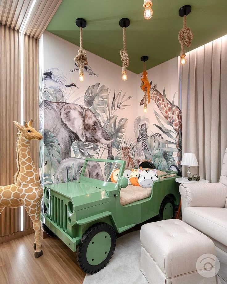 Children's jungle-themed bedroom with safari car bed, stuffed animals, and mural of wild animals.