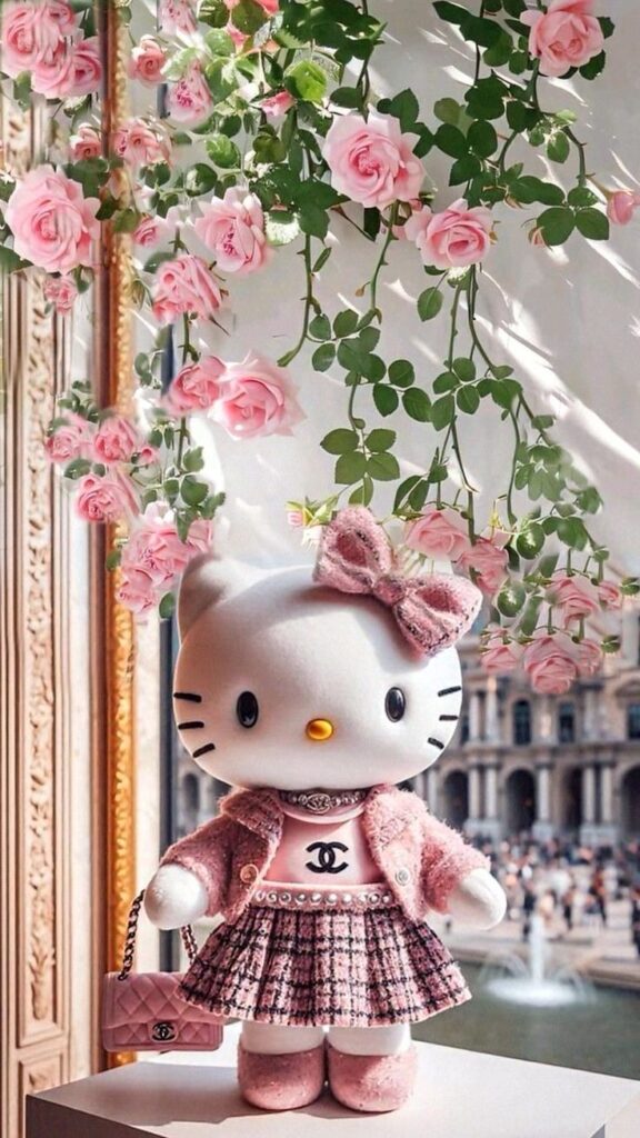 Cute character in pink outfit with designer logo, surrounded by blooming pink roses and elegant architecture.