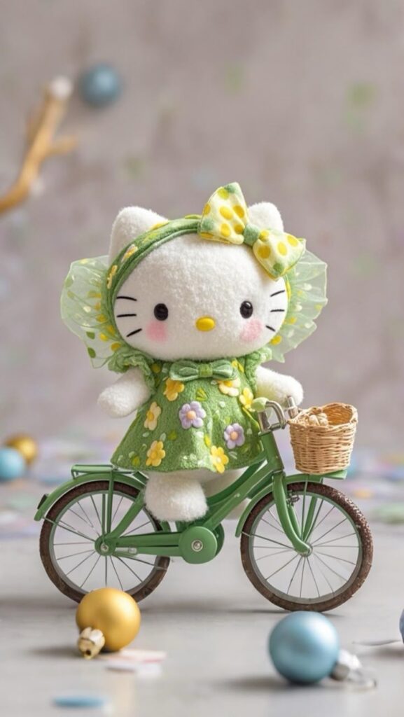 Cute cat plush in green floral dress on toy bicycle, surrounded by colorful decorations.