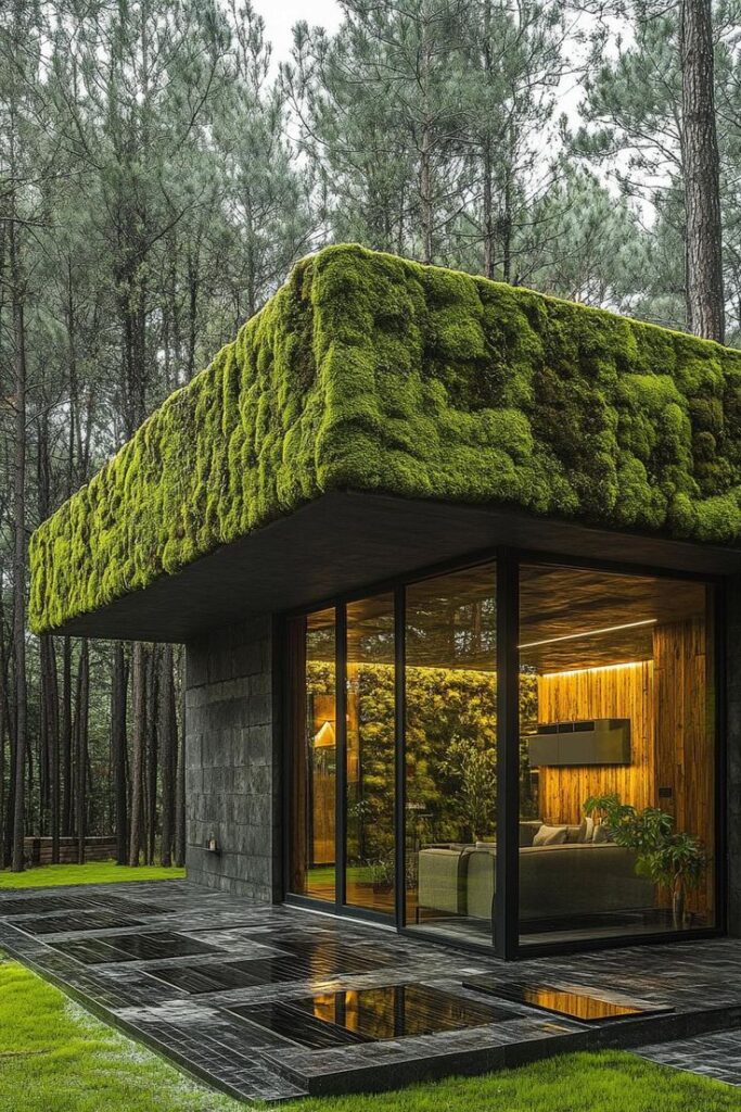 Modern eco-friendly home with a lush green roof in a forested setting. Glass facade reveals cozy interior.