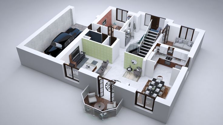 3D modern house floor plan with garage, living room, dining area, kitchen, balcony, and staircase.