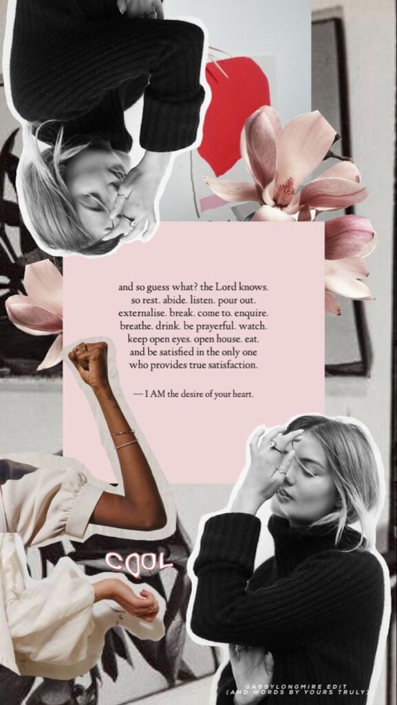 Collage of a thoughtful person, flowers, and inspirational text about rest and satisfaction on a pink background.