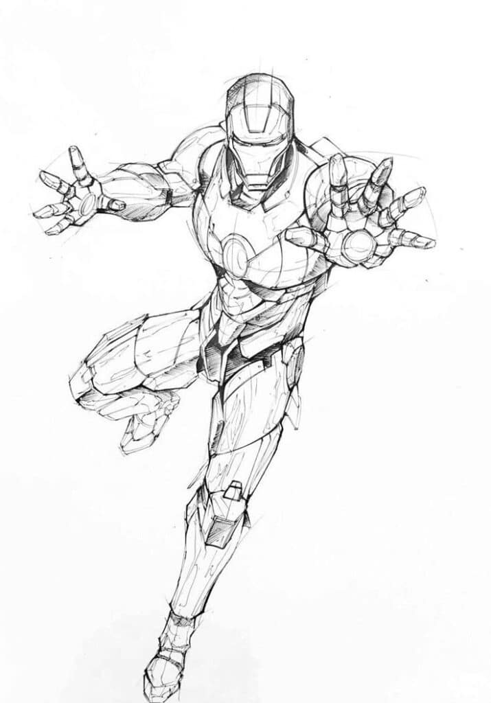Detailed sketch of a futuristic armored superhero in a dynamic pose, ready for action.