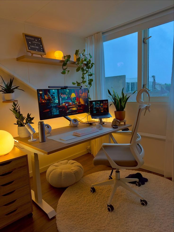 Modern home office setup with dual monitors, ergonomic chair, plants, and ambient lighting for productivity and comfort.