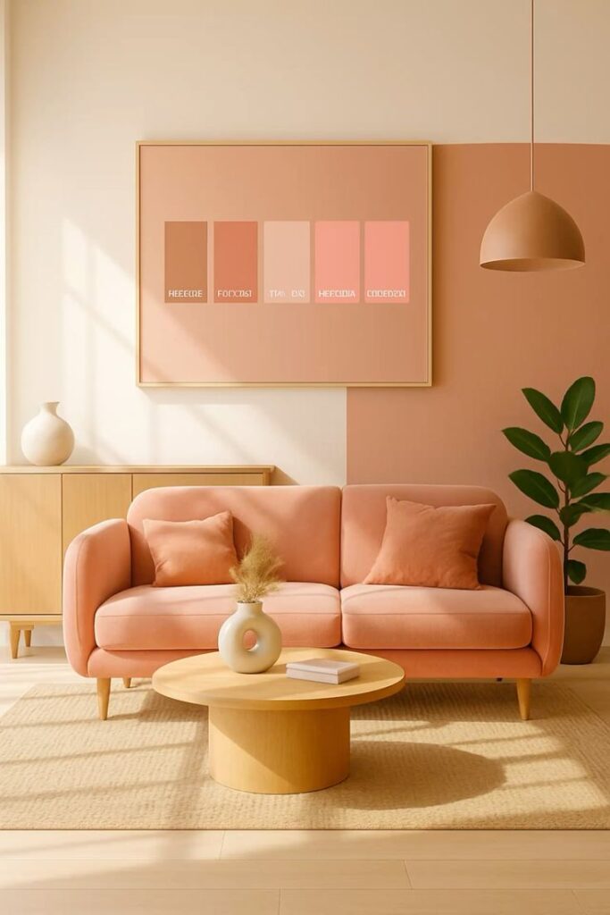 Modern living room with peach sofa, color palette art, plant, and wooden furniture for a cozy, elegant look.