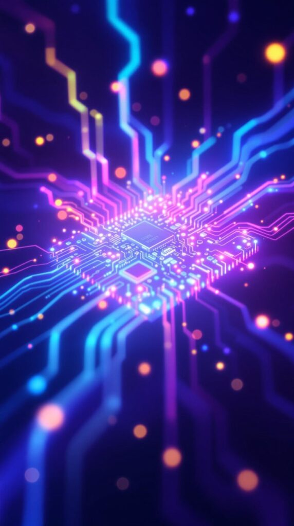 Colorful glowing circuit board pattern with neon lines and dots, symbolizing advanced technology and connectivity.