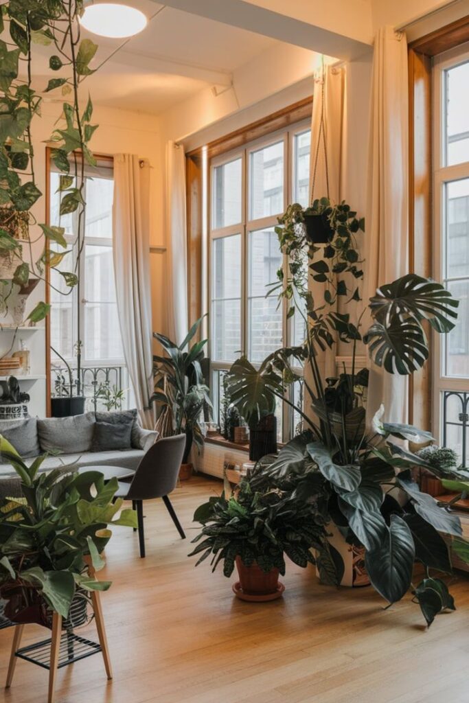 Cozy living room with large windows and lush indoor plants, creating a relaxing urban jungle atmosphere.