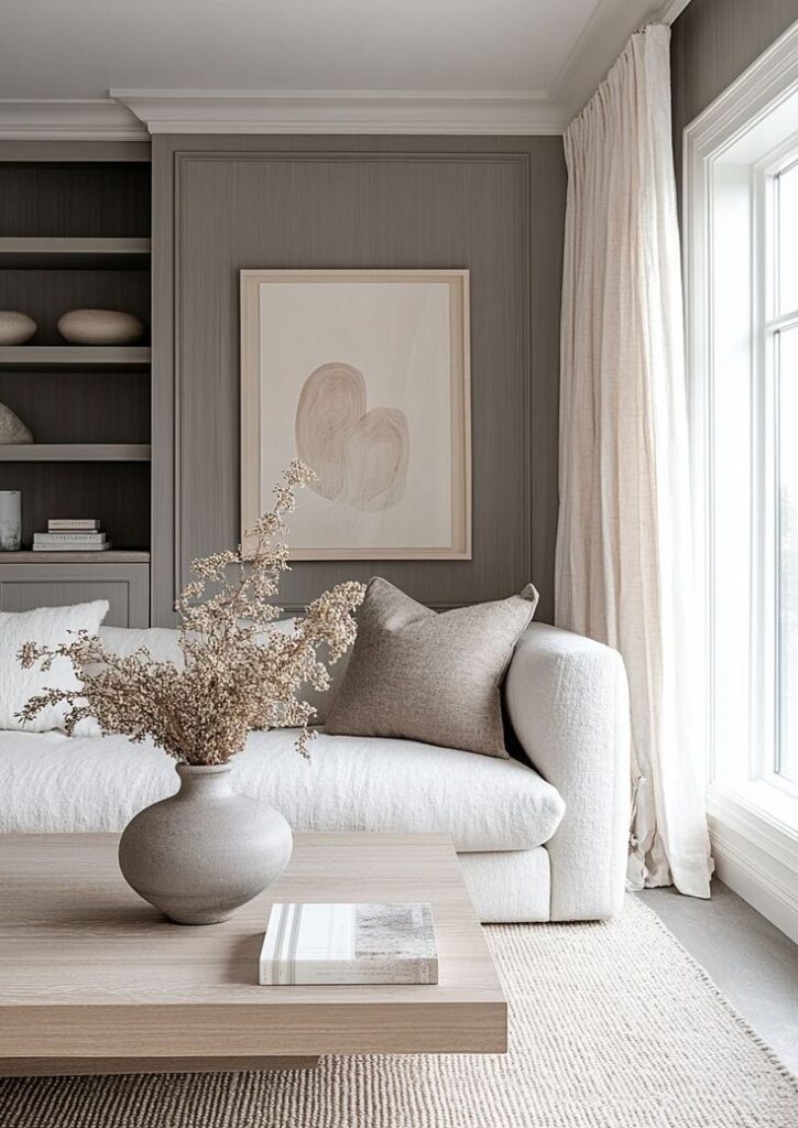 Minimalist living room with neutral tones, cozy sofa, large window, wooden coffee table, and abstract wall art.