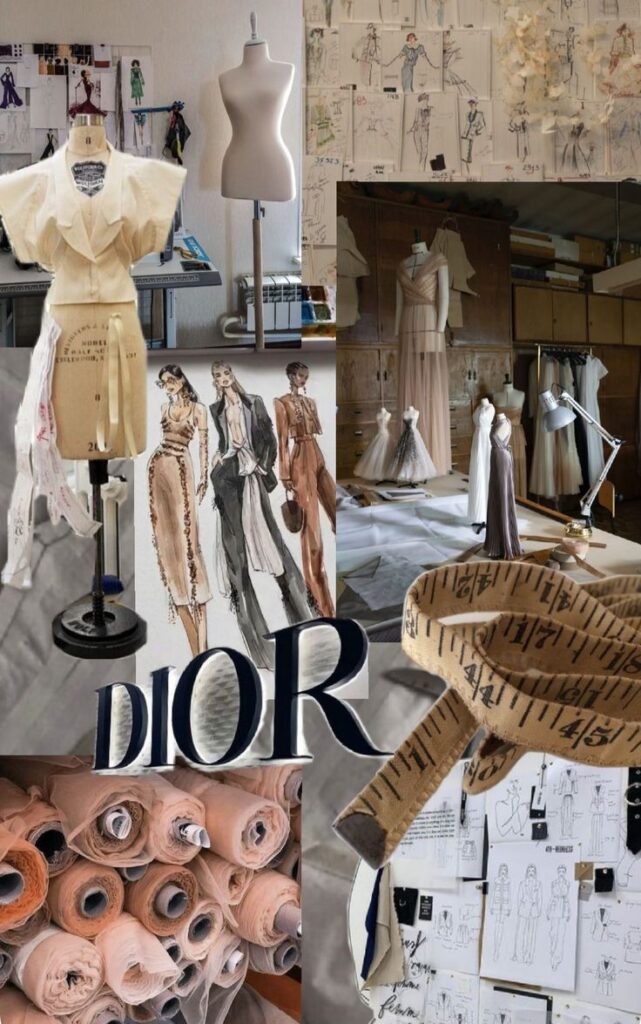 Fashion design studio with dressmaking tools, sketches, mannequins, and fabric rolls, highlighting couture creation.