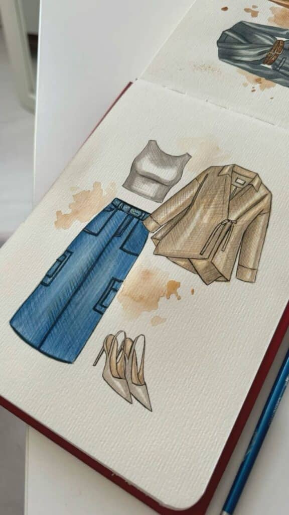 Illustration of a stylish outfit: beige top, brown wrap jacket, blue jeans, and beige heels on a sketchbook page.