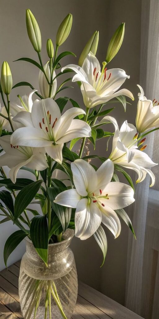 White lilies in a glass vase, beautifully illuminated by natural sunlight on a wooden table.