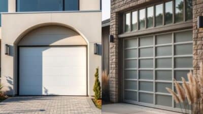 Modern garage door designs: white arched and glass-paneled style, enhancing home curb appeal.