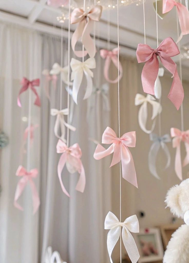Hanging pastel pink and white ribbons creating a whimsical nursery or baby shower decoration.