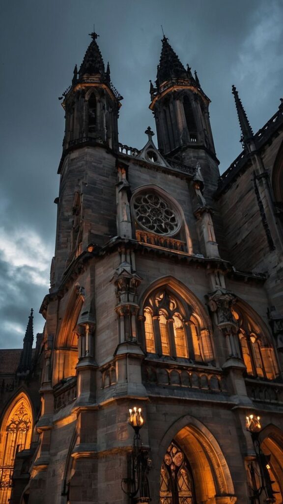 Gothic cathedral with illuminated stained glass windows and dramatic sky background at twilight.