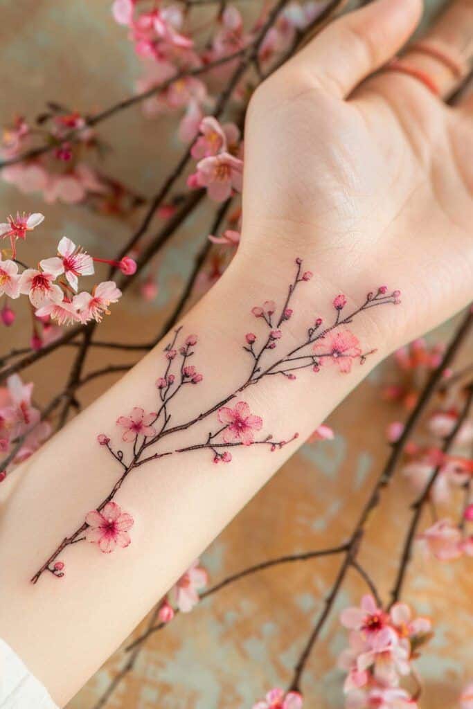 Delicate cherry blossom tattoo on a wrist, surrounded by real cherry blossoms.