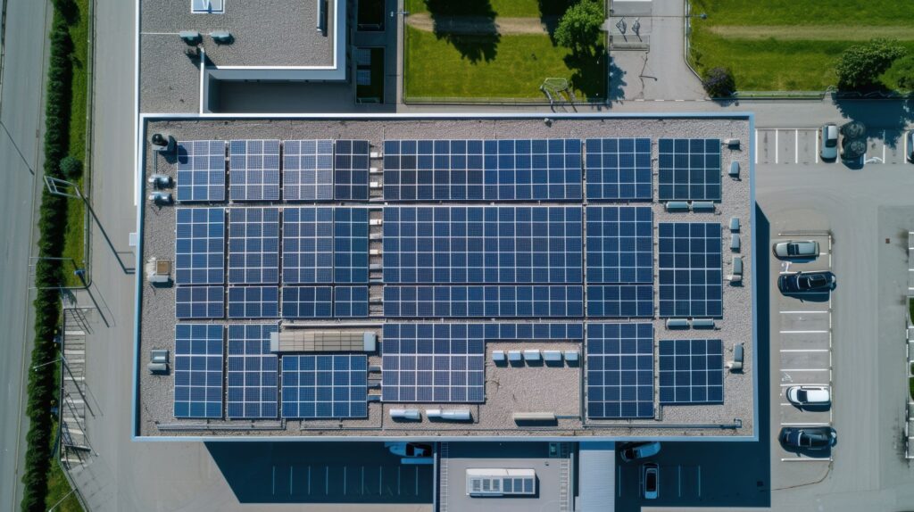 Aerial view of large building rooftop covered in solar panels, with parking lot and greenery nearby.