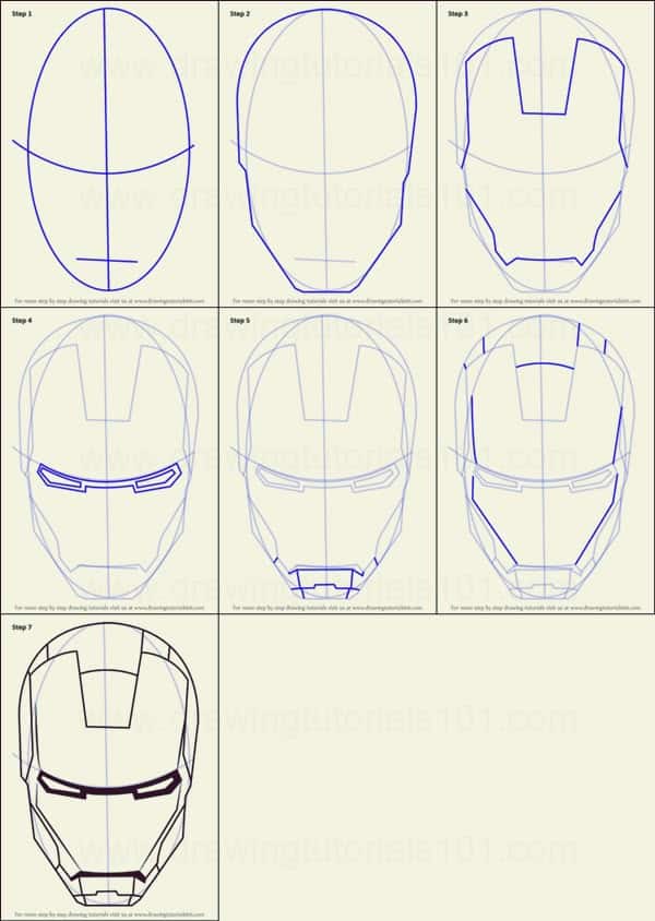 Step-by-step guide: How to draw Iron Man's helmet with easy illustrated instructions and sketches.