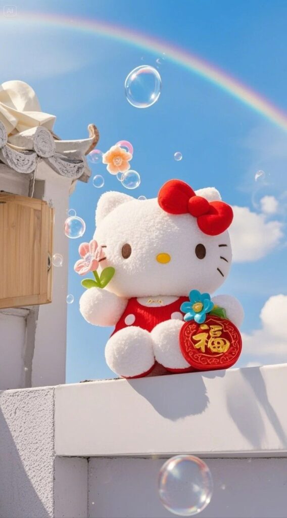 Plush toy with red bow holds decorative items under a rainbow with bubbles, set against a blue sky backdrop.