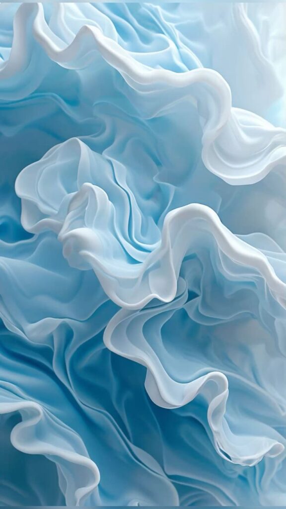 Flowing blue and white abstract pattern resembling soft fabric folds in waves.