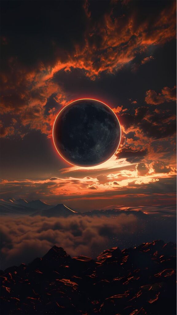 Dramatic solar eclipse with fiery clouds and glowing horizon at dusk over a rugged, mountainous landscape.