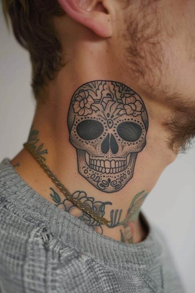 Intricate sugar skull tattoo on a person's neck with floral designs.