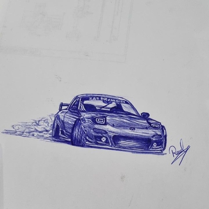 Sketch of a sports car drifting with smoke, showcasing dynamic motion and artistic detail in pen drawing.