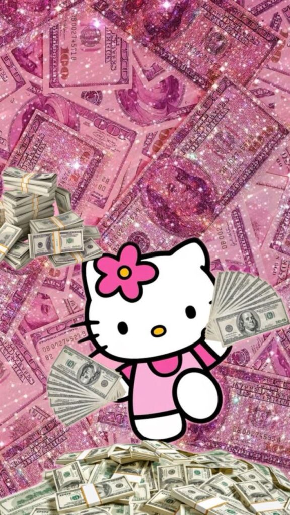 Cartoon character with cash bundles on pink glittering money background, symbolizing wealth and luxury.