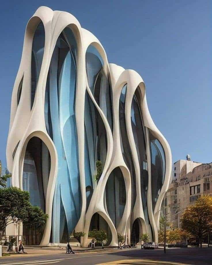 Futuristic white and glass building with organic curves under a clear blue sky.